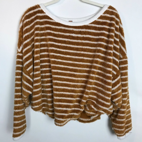 FREE PEOPLE Women’s “Breton” Must Yellow White Striped Pullover Fuzzy Sweater XS - Picture 3 of 5